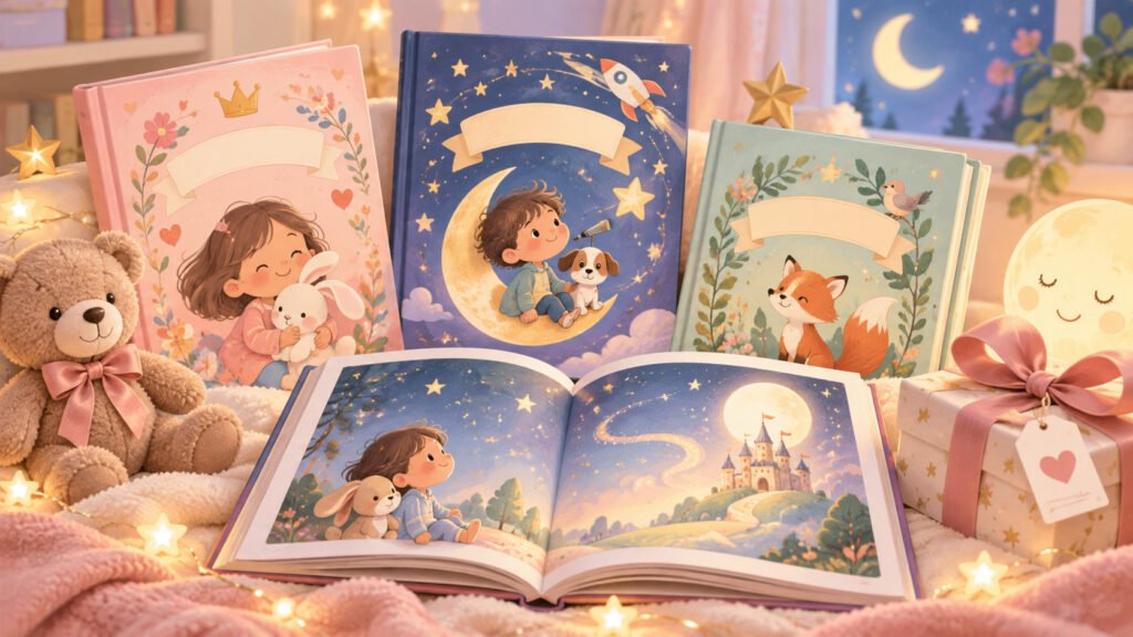 Personalized children’s storybooks with whimsical illustrations, a teddy bear and a wrapped gift in a cozy reading nook