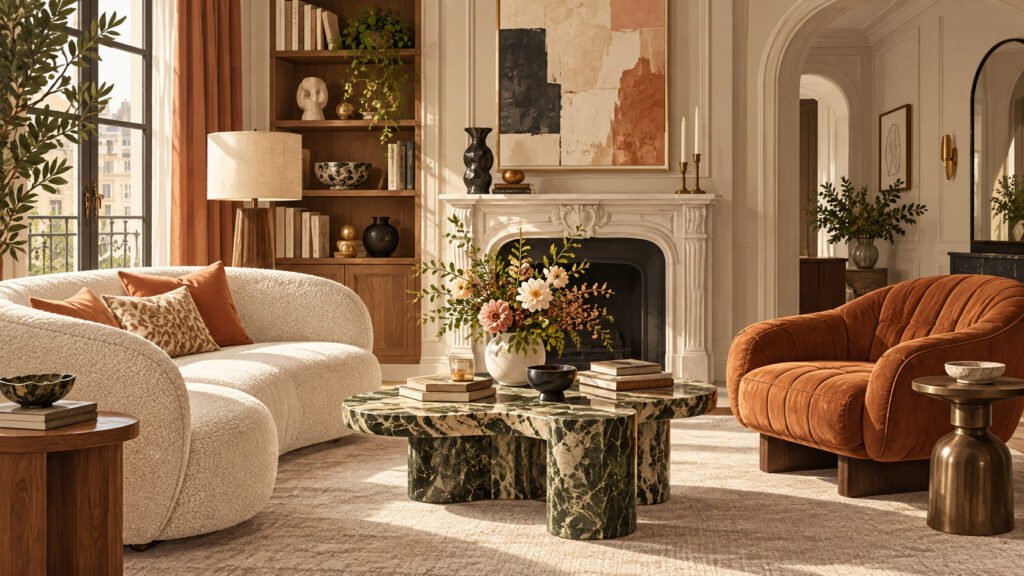 Elegant living room with designer furniture, a marble coffee table, sculptural seating and curated decor in a warm, refined interior