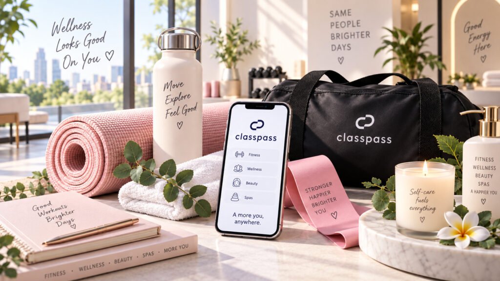 ClassPass fitness and wellness setup with yoga mat, resistance band, water bottle, spa candle and mobile app