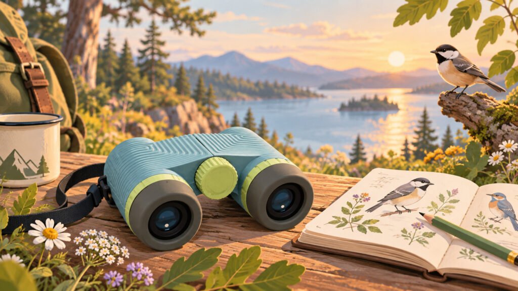 Colorful binoculars and a nature journal overlooking a lake at sunset, with a wild bird nearby