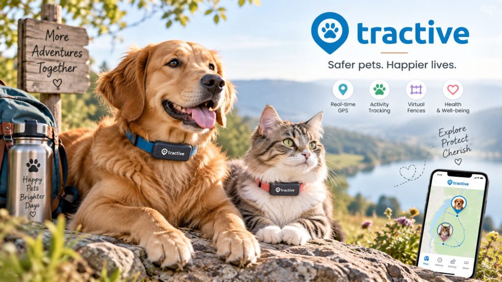 Golden retriever and cat wearing GPS trackers outdoors, with a smartphone displaying their locations on a map