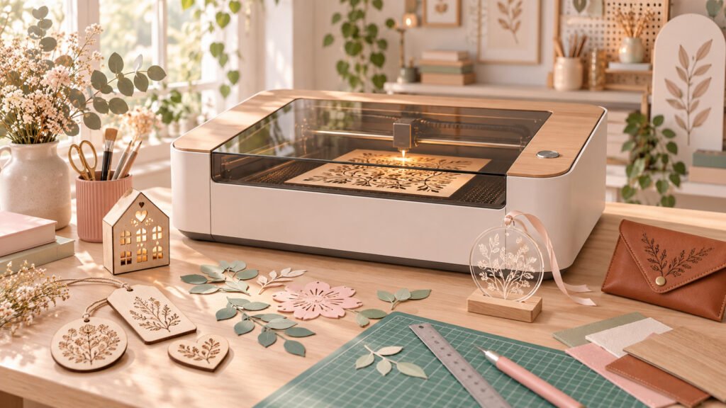 Laser cutting and engraving machine in a bright craft studio, surrounded by engraved wood, acrylic ornaments, paper cutouts and creative tools