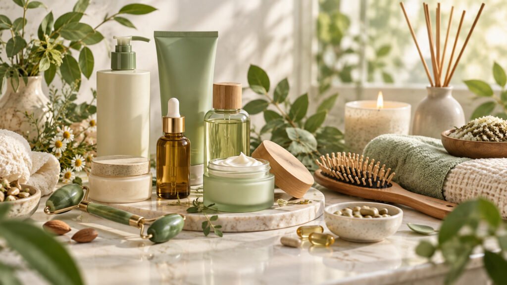 Natural well-being and beauty products in a calm spa-like setting, with skincare items, beauty accessories, and green plants.