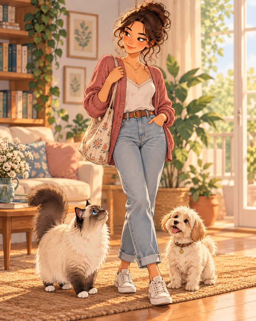 Lila, Vivabulle’s recurring guide, accompanied by her Birman cat and her small Bichon dog.