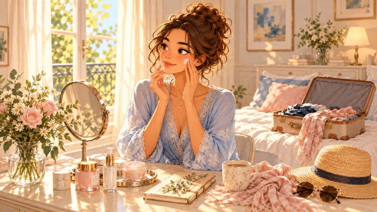 Lila applique de la crème pour le visage devant la coiffeuse de la chambre ; une valise ouverte se trouve sur le lit, aux côtés d'un chapeau de paille, de lunettes de soleil et de produits de soin, le tout baigné dans la lumière du matin.