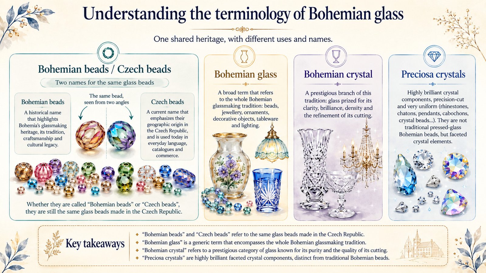 Infographic explaining the terms Bohemian beads, Czech beads, Bohemian glass, Bohemian crystal and Preciosa crystal.