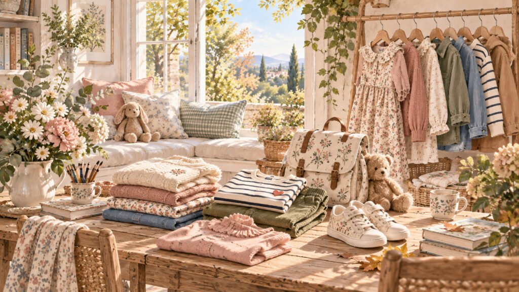 Vêtements et chaussures pour enfants préparés pour la rentrée dans une ambiance lumineuse et chaleureuse.