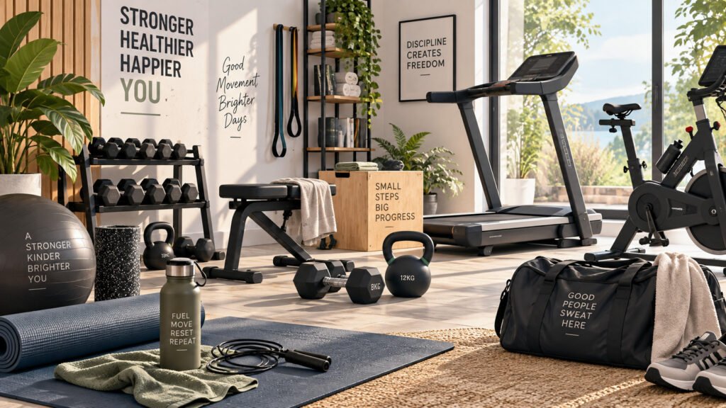 Espace de fitness et cardio-training avec tapis, haltères, kettlebells, vélo d’intérieur et tapis de course.