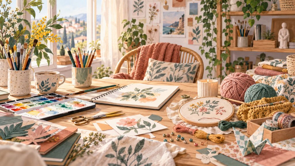 Atelier créatif lumineux avec matériel d’aquarelle, broderie, tricot, dessin et loisirs créatifs.