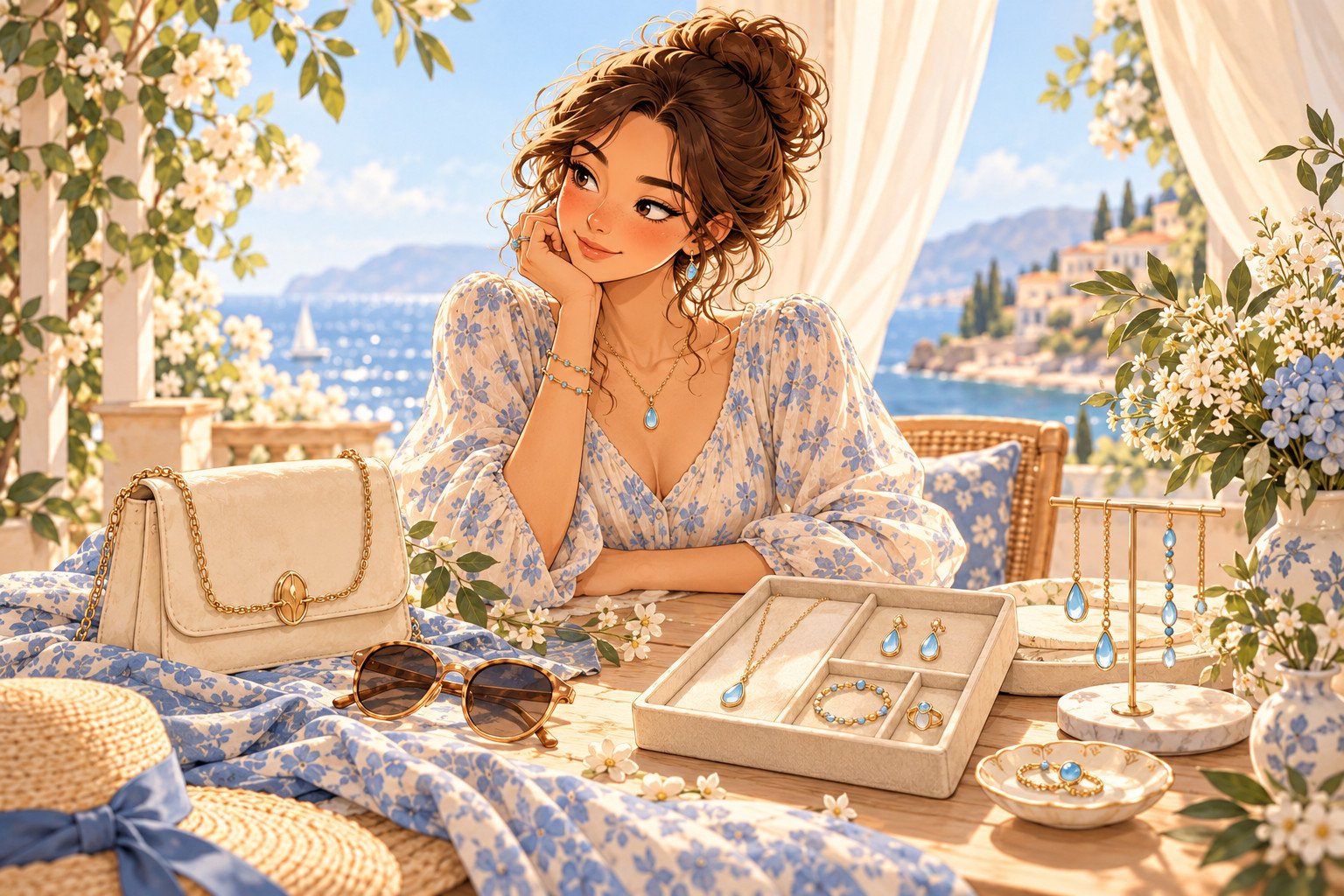 Lila entourée de bijoux et accessoires dans une ambiance douce et bohème