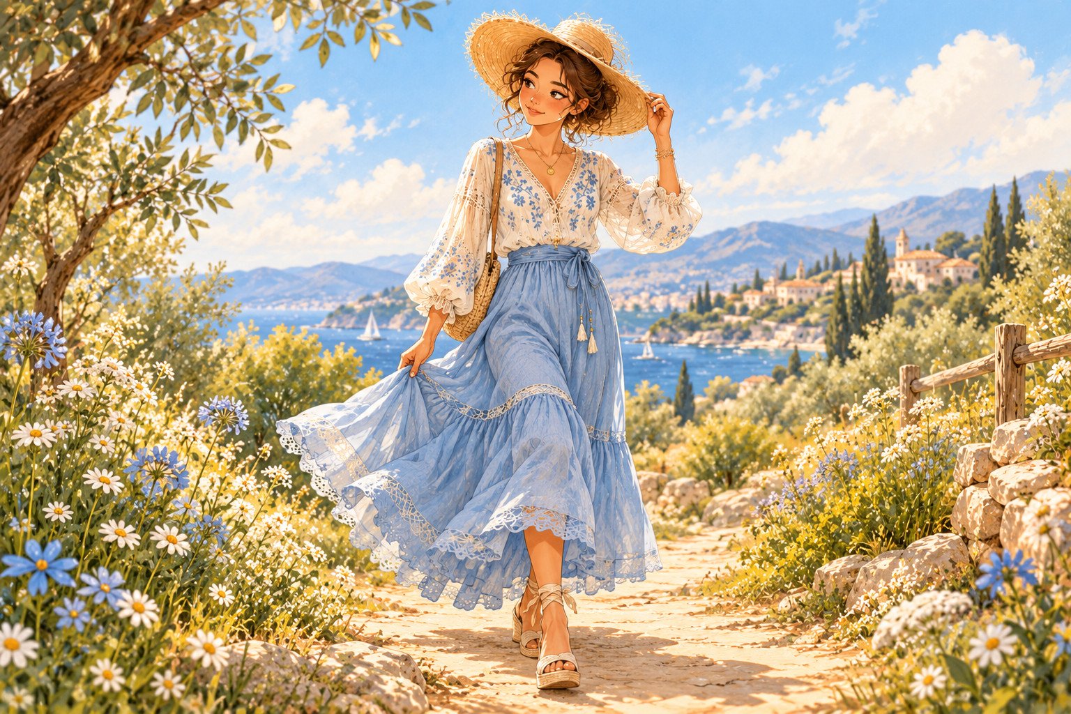 Lila en jupe bleue dans une scène romantique pour l’univers Mode & tendances de Vivabulle
