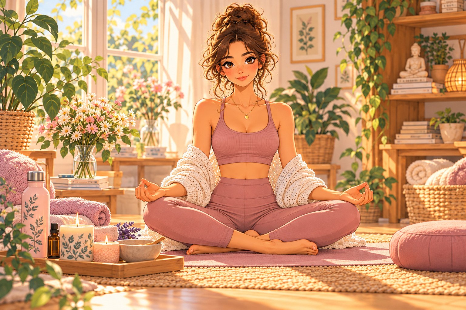 Lila pratique le yoga dans une ambiance douce et apaisante