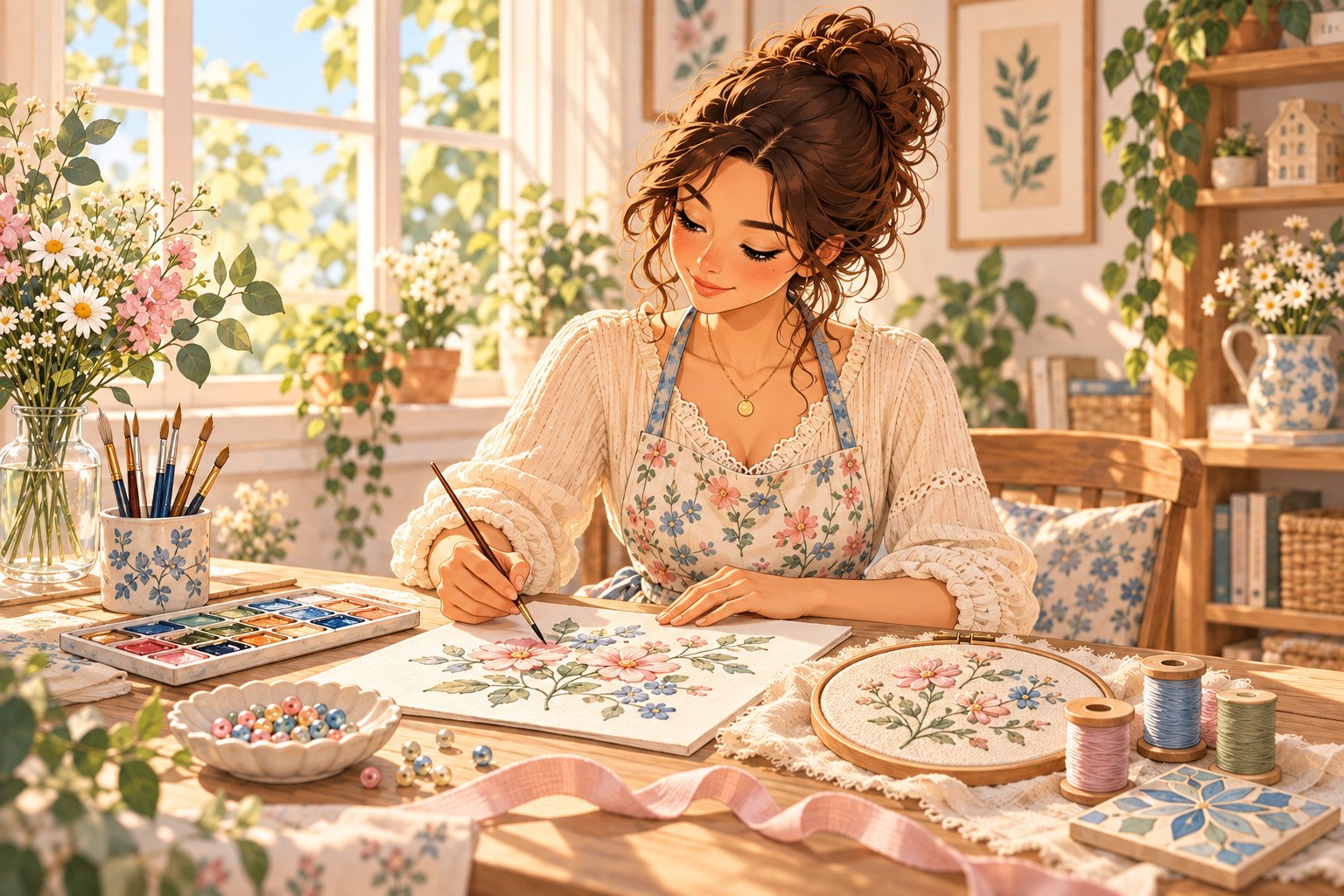 Lila réalise des créations faites main, entourée de pinceaux, de rubans et de fournitures de loisirs créatifs.