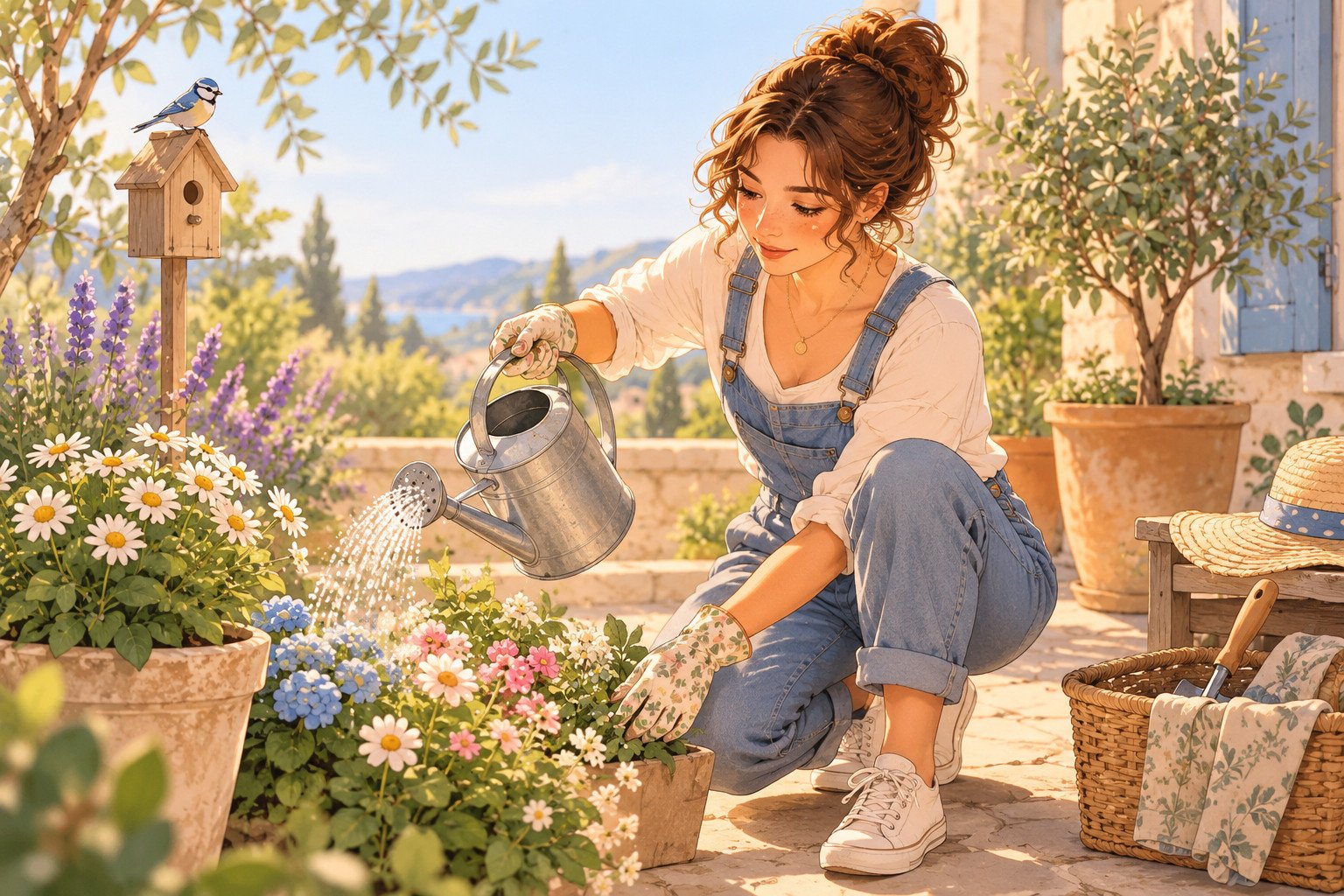 Lila jardine parmi les fleurs et les plantes dans une ambiance douce et naturelle