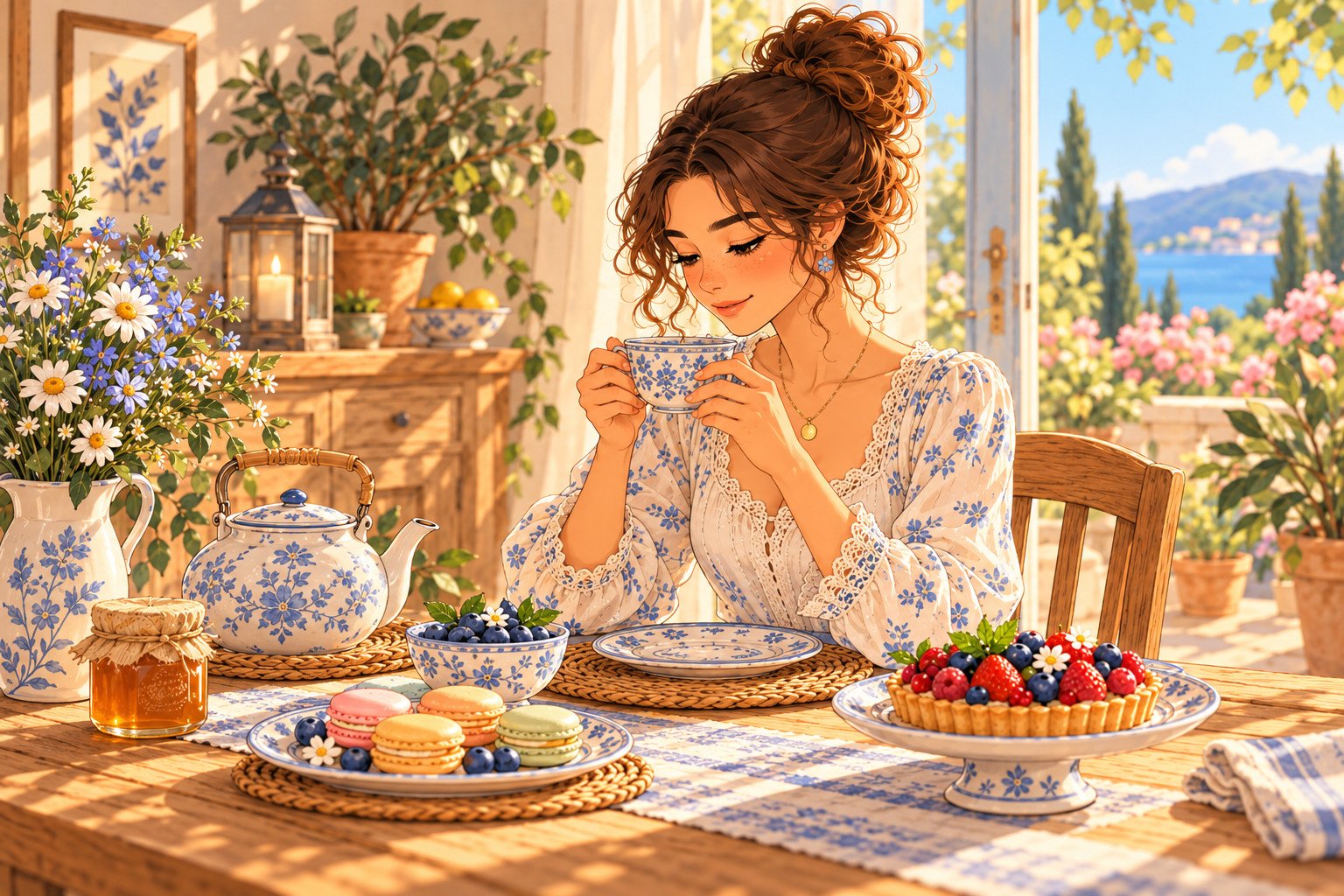 Lila savoure une tasse de thé à une table dressée avec vaisselle, macarons et fruits