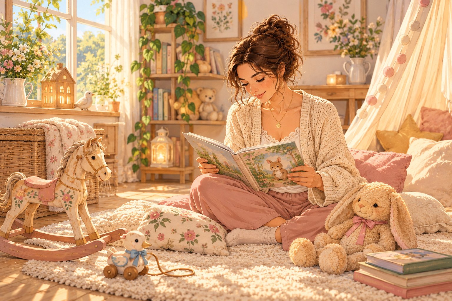 Lila assise parmi des livres et des jouets dans une chambre douce et féerique