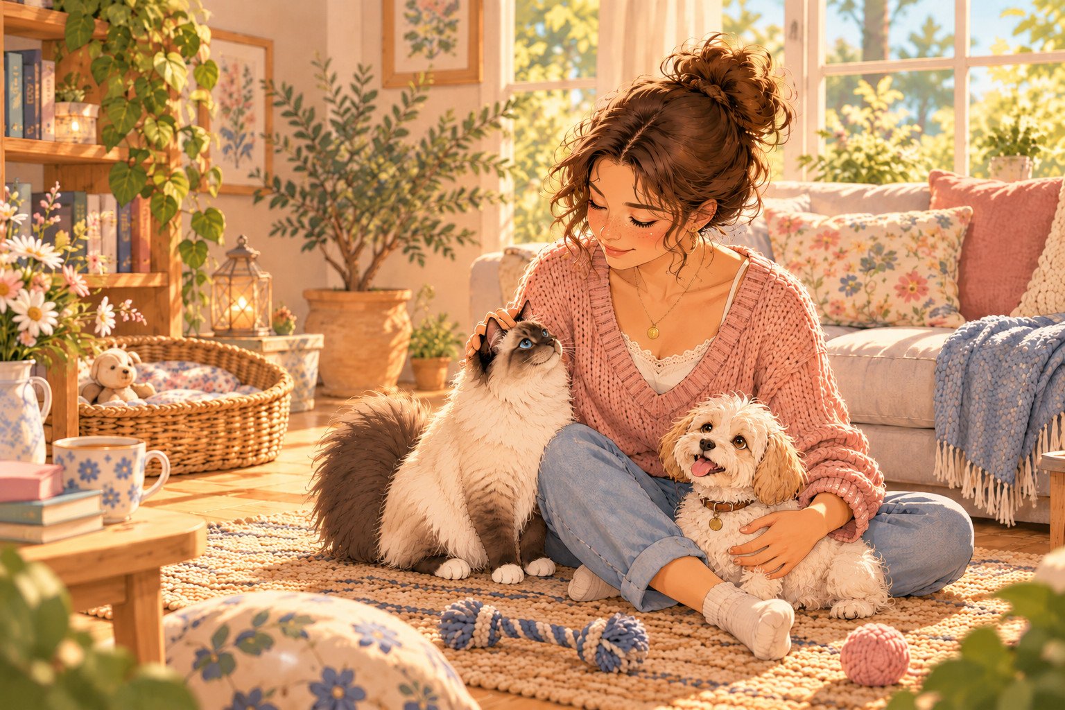 Lila partage un moment tendre avec son chat Sacré de Birmanie et son petit chien croisé Bichon crème.
