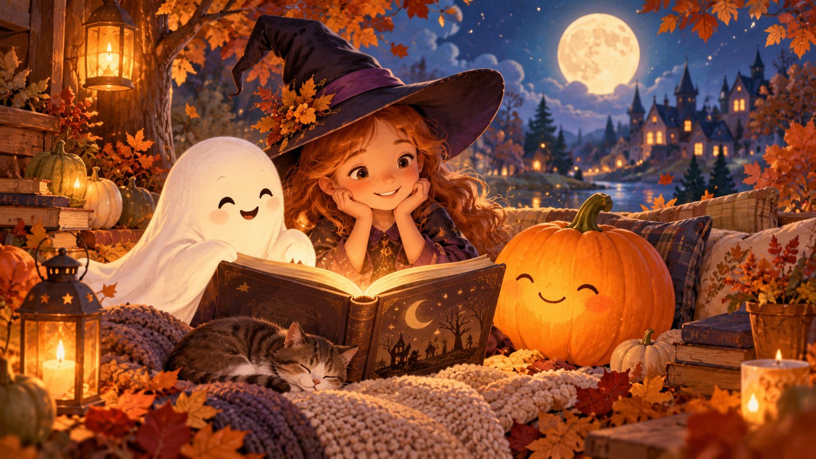 Illustration chaleureuse d’une petite sorcière lisant avec un fantôme blanc et une citrouille souriante dans une ambiance d’Halloween rassurante.