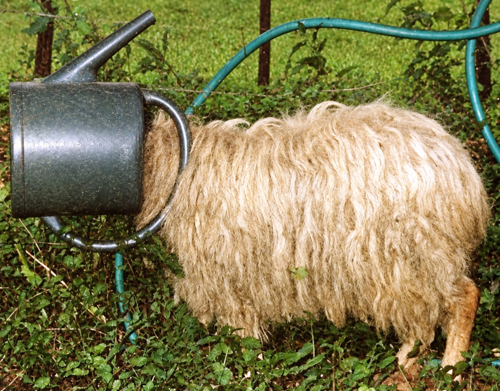 Brebis dans l'herbe avec un arrosoir sur la tête